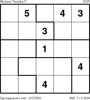 The grouppuzzles.com Medium Sudoku-5 puzzle for Sunday August 2, 2026