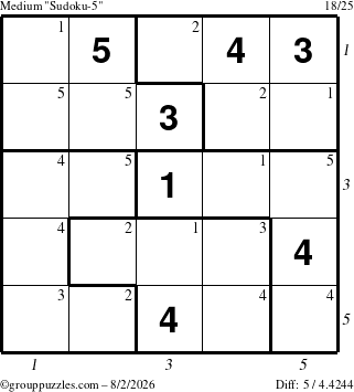 The grouppuzzles.com Medium Sudoku-5 puzzle for Sunday August 2, 2026, suitable for printing, with all 5 steps marked