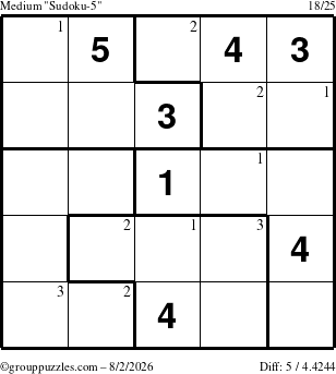 The grouppuzzles.com Medium Sudoku-5 puzzle for Sunday August 2, 2026 with the first 3 steps marked