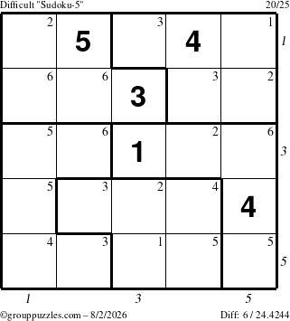 The grouppuzzles.com Difficult Sudoku-5 puzzle for Sunday August 2, 2026 with all 6 steps marked