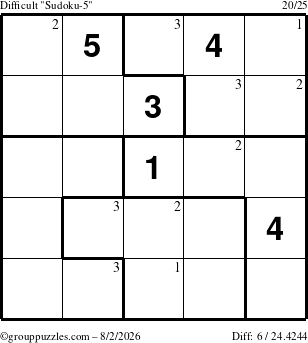 The grouppuzzles.com Difficult Sudoku-5 puzzle for Sunday August 2, 2026 with the first 3 steps marked