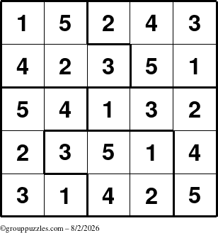 The grouppuzzles.com Answer grid for the Sudoku-5 puzzle for Sunday August 2, 2026