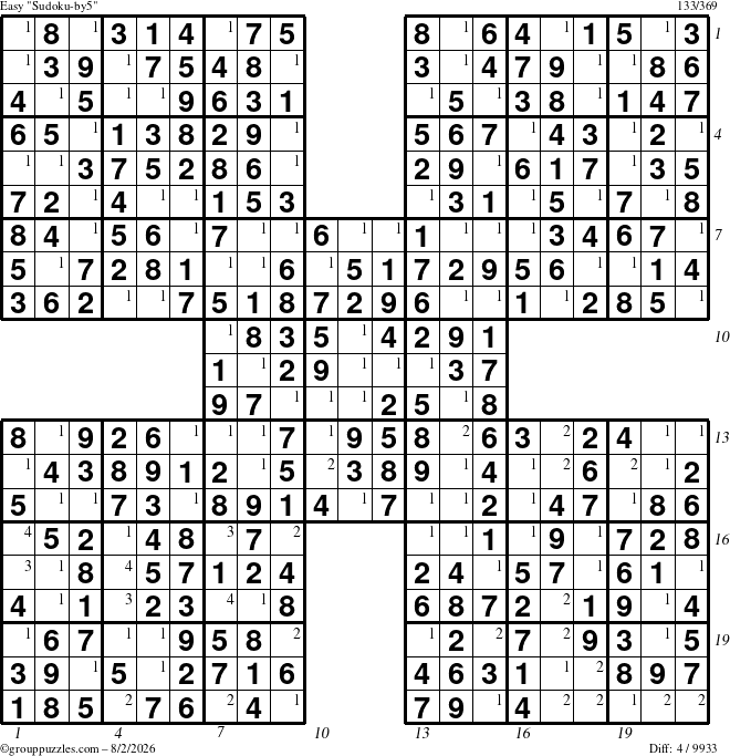 The grouppuzzles.com Easy Sudoku-by5 puzzle for Sunday August 2, 2026, suitable for printing, with all 4 steps marked