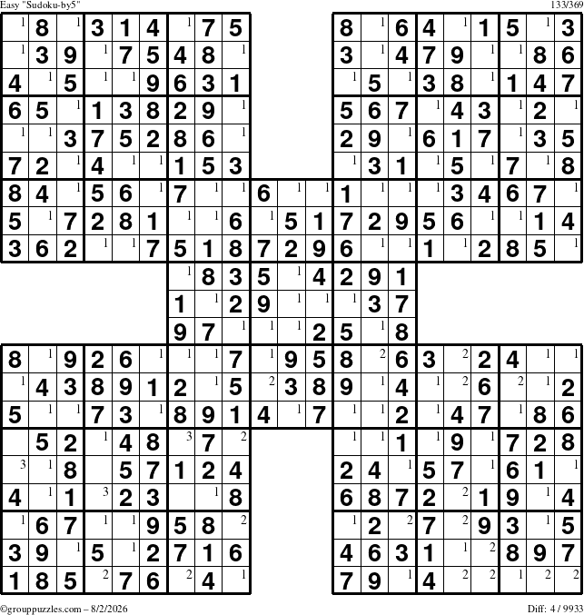 The grouppuzzles.com Easy Sudoku-by5 puzzle for Sunday August 2, 2026 with the first 3 steps marked