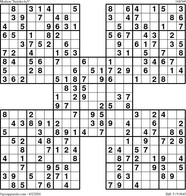 The grouppuzzles.com Medium Sudoku-by5 puzzle for Sunday August 2, 2026