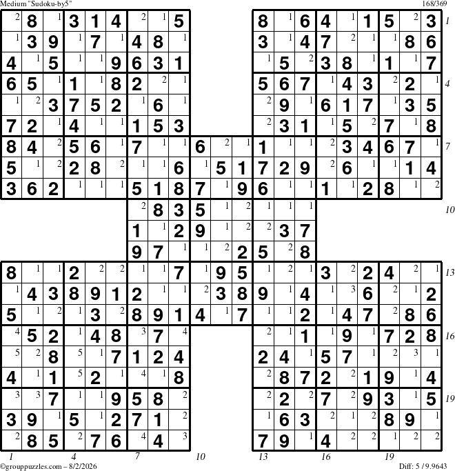 The grouppuzzles.com Medium Sudoku-by5 puzzle for Sunday August 2, 2026, suitable for printing, with all 5 steps marked