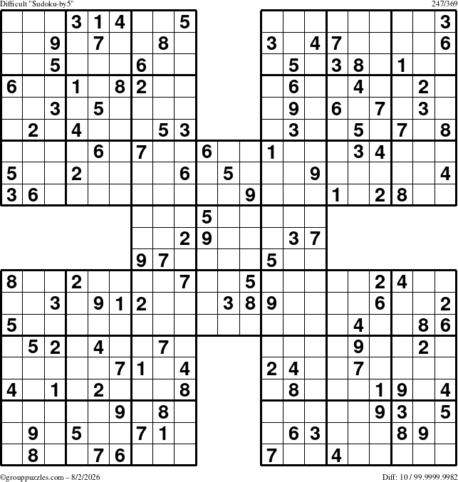 The grouppuzzles.com Difficult Sudoku-by5 puzzle for Sunday August 2, 2026