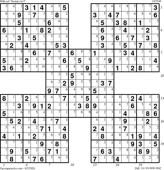 The grouppuzzles.com Difficult Sudoku-by5 puzzle for Sunday August 2, 2026 with all 10 steps marked