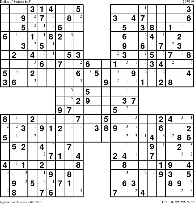 The grouppuzzles.com Difficult Sudoku-by5 puzzle for Sunday August 2, 2026 with the first 3 steps marked
