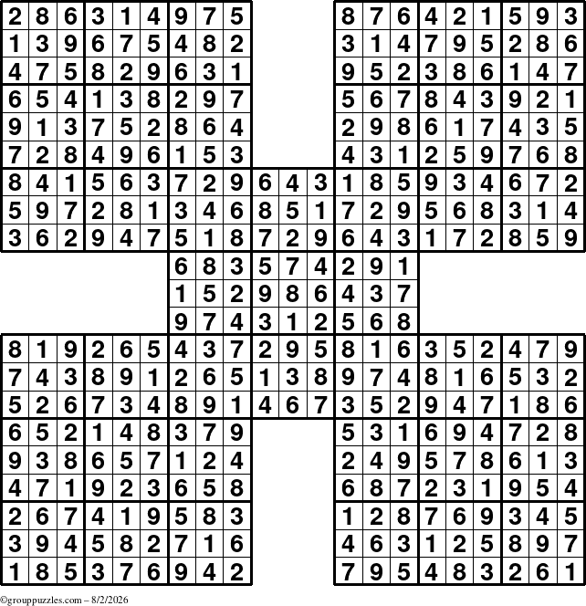 The grouppuzzles.com Answer grid for the Sudoku-by5 puzzle for Sunday August 2, 2026