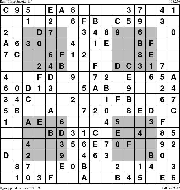 The grouppuzzles.com Easy HyperSudoku-16 puzzle for Sunday August 2, 2026
