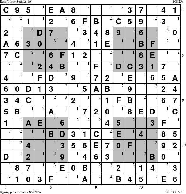 The grouppuzzles.com Easy HyperSudoku-16 puzzle for Sunday August 2, 2026, suitable for printing, with all 4 steps marked