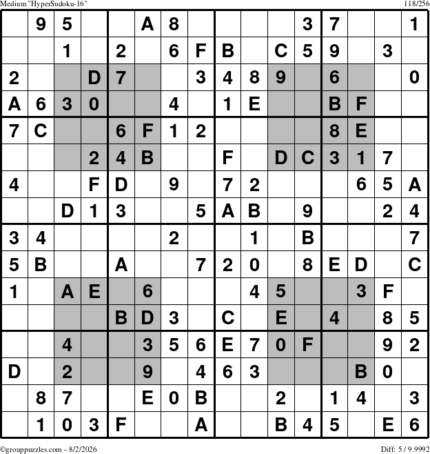 The grouppuzzles.com Medium HyperSudoku-16 puzzle for Sunday August 2, 2026