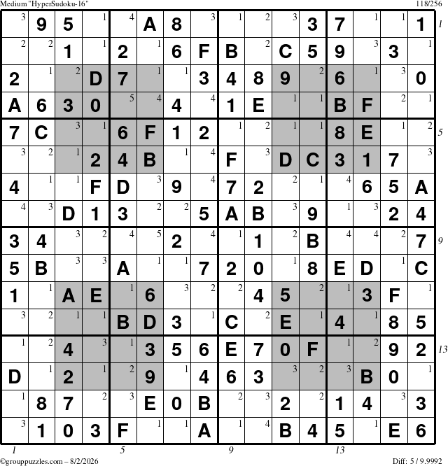 The grouppuzzles.com Medium HyperSudoku-16 puzzle for Sunday August 2, 2026 with all 5 steps marked