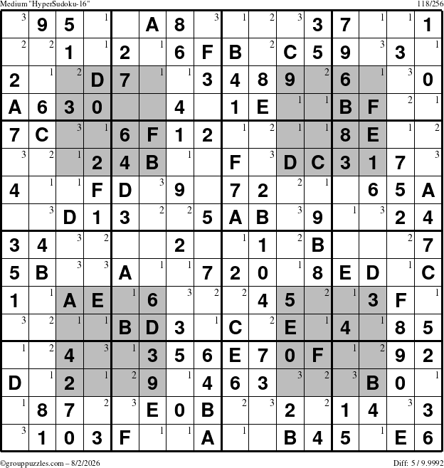 The grouppuzzles.com Medium HyperSudoku-16 puzzle for Sunday August 2, 2026 with the first 3 steps marked