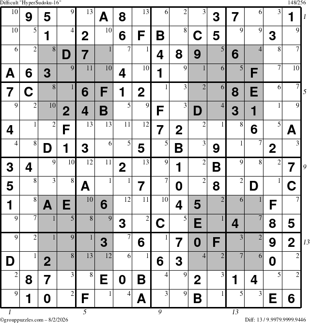 The grouppuzzles.com Difficult HyperSudoku-16 puzzle for Sunday August 2, 2026 with all 13 steps marked