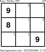 The grouppuzzles.com Easy TicTac-789 puzzle for Sunday August 2, 2026 with the first 2 steps marked