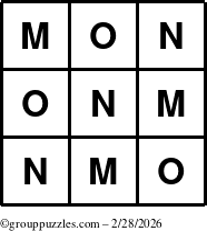 The grouppuzzles.com Answer grid for the TicTac-MNO puzzle for Saturday February 28, 2026