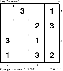 The grouppuzzles.com Easy Sudoku-4 puzzle for Saturday February 28, 2026, suitable for printing, with all 2 steps marked
