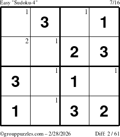 The grouppuzzles.com Easy Sudoku-4 puzzle for Saturday February 28, 2026 with the first 2 steps marked