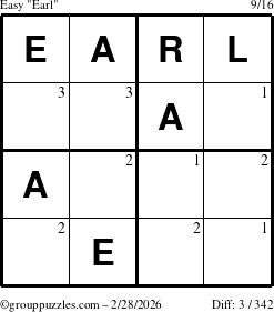 The grouppuzzles.com Easy Earl puzzle for Saturday February 28, 2026 with the first 3 steps marked