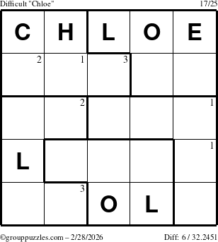 The grouppuzzles.com Difficult Chloe puzzle for Saturday February 28, 2026 with the first 3 steps marked