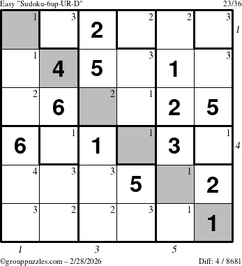 The grouppuzzles.com Easy Sudoku-6up-UR-D puzzle for Saturday February 28, 2026 with all 4 steps marked