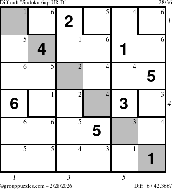 The grouppuzzles.com Difficult Sudoku-6up-UR-D puzzle for Saturday February 28, 2026 with all 6 steps marked