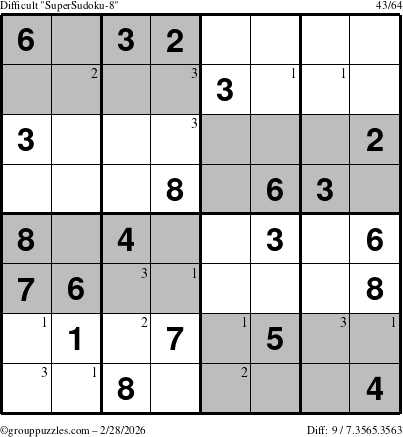 The grouppuzzles.com Difficult SuperSudoku-8 puzzle for Saturday February 28, 2026 with the first 3 steps marked