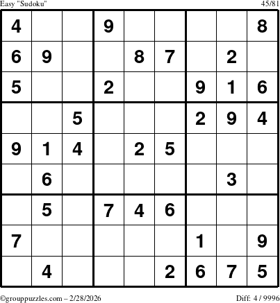 The grouppuzzles.com Easy Sudoku puzzle for Saturday February 28, 2026
