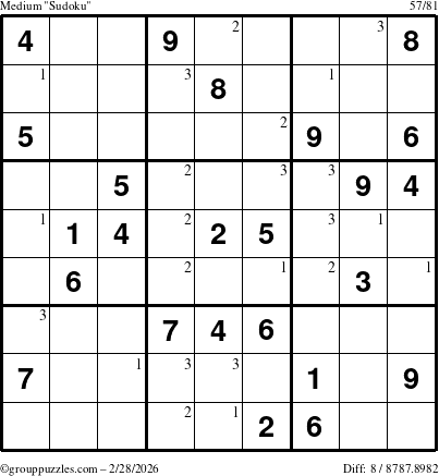 The grouppuzzles.com Medium Sudoku puzzle for Saturday February 28, 2026 with the first 3 steps marked