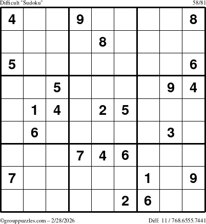 The grouppuzzles.com Difficult Sudoku puzzle for Saturday February 28, 2026