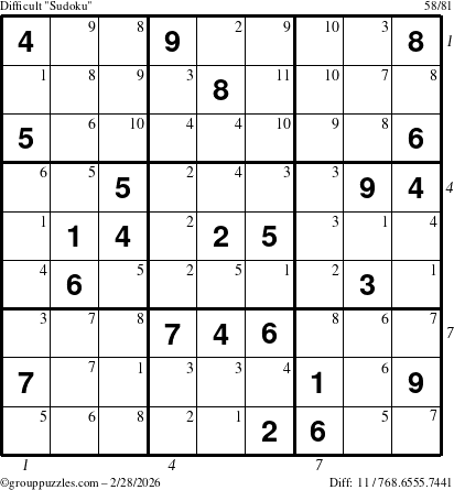 The grouppuzzles.com Difficult Sudoku puzzle for Saturday February 28, 2026 with all 11 steps marked