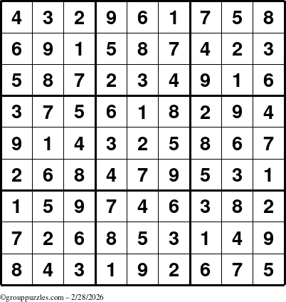 The grouppuzzles.com Answer grid for the Sudoku puzzle for Saturday February 28, 2026