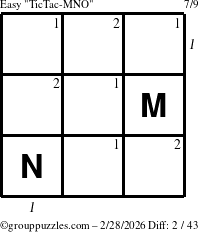 The grouppuzzles.com Easy TicTac-MNO puzzle for Saturday February 28, 2026, suitable for printing, with all 2 steps marked