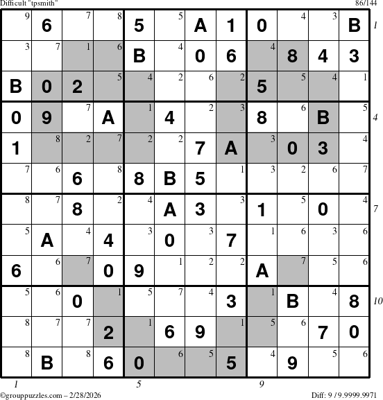 The grouppuzzles.com Difficult tpsmith puzzle for Saturday February 28, 2026 with all 9 steps marked