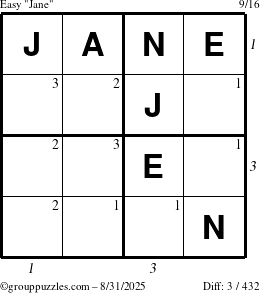 The grouppuzzles.com Easy Jane puzzle for Sunday August 31, 2025 with all 3 steps marked