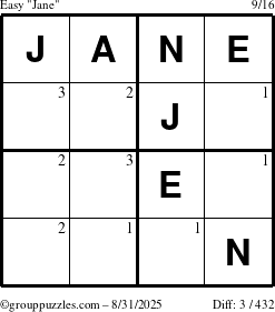 The grouppuzzles.com Easy Jane puzzle for Sunday August 31, 2025 with the first 3 steps marked