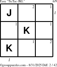 The grouppuzzles.com Easy TicTac-JKL puzzle for Sunday August 31, 2025 with all 2 steps marked