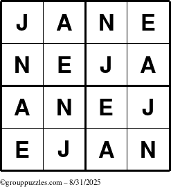 The grouppuzzles.com Answer grid for the Jane puzzle for Sunday August 31, 2025