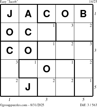 The grouppuzzles.com Easy Jacob puzzle for Sunday August 31, 2025 with all 3 steps marked