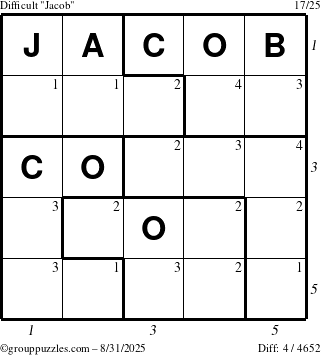 The grouppuzzles.com Difficult Jacob puzzle for Sunday August 31, 2025 with all 4 steps marked