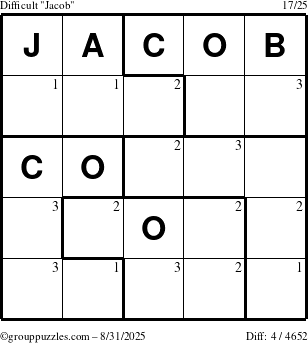 The grouppuzzles.com Difficult Jacob puzzle for Sunday August 31, 2025 with the first 3 steps marked