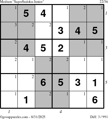 The grouppuzzles.com Medium SuperSudoku-Junior puzzle for Sunday August 31, 2025 with all 3 steps marked