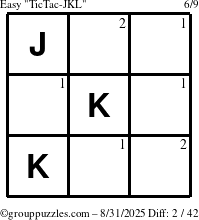 The grouppuzzles.com Easy TicTac-JKL puzzle for Sunday August 31, 2025 with the first 2 steps marked