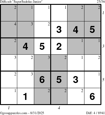 The grouppuzzles.com Difficult SuperSudoku-Junior puzzle for Sunday August 31, 2025, suitable for printing, with all 4 steps marked
