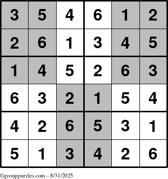The grouppuzzles.com Answer grid for the SuperSudoku-Junior puzzle for Sunday August 31, 2025