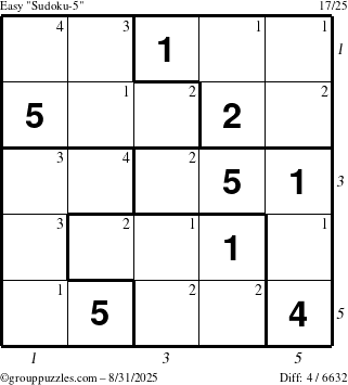 The grouppuzzles.com Easy Sudoku-5 puzzle for Sunday August 31, 2025, suitable for printing, with all 4 steps marked