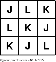 The grouppuzzles.com Answer grid for the TicTac-JKL puzzle for Sunday August 31, 2025