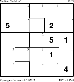 The grouppuzzles.com Medium Sudoku-5 puzzle for Sunday August 31, 2025 with the first 3 steps marked